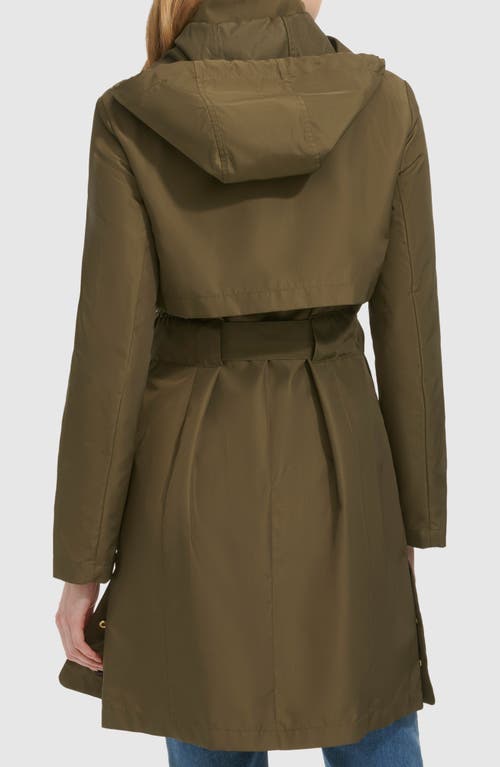 Cole Haan Belted Travel Packable Hooded Rain Jacket In Olive
