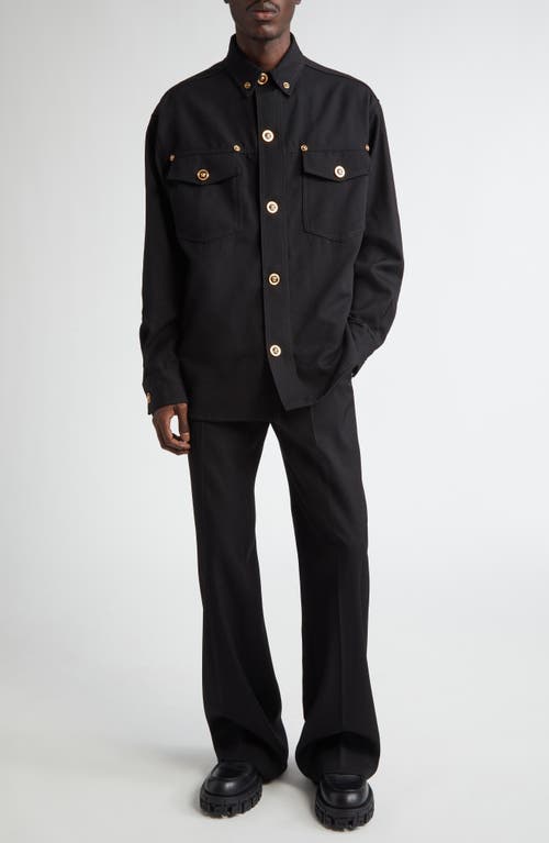 Shop Versace Wool Gabardine Button-down Overshirt In Black