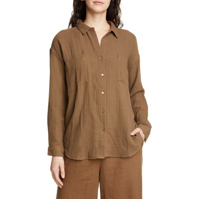 Eileen Fisher Crinkled Cotton Button Up Blouse, Brown