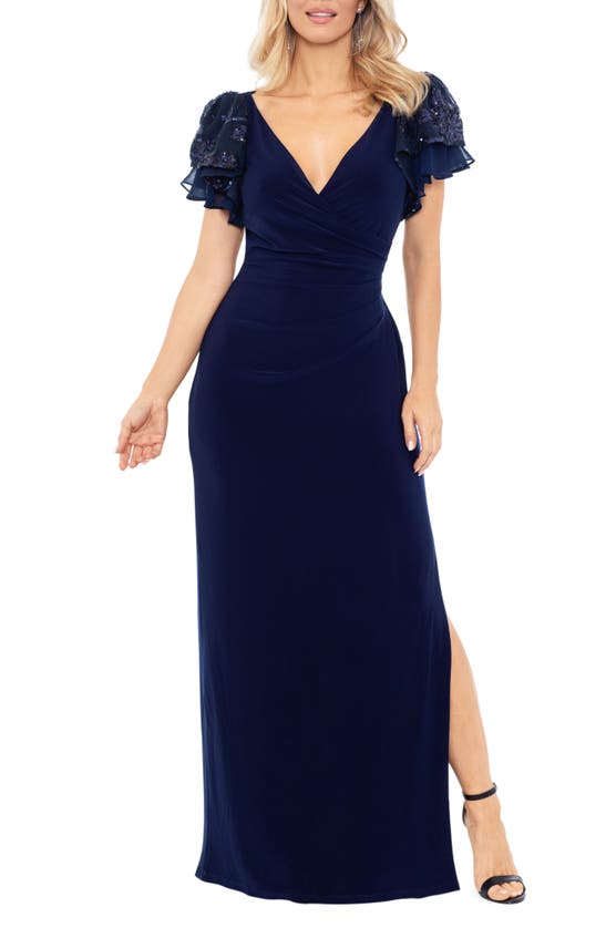 Shop Betsy & Adam Embellished Flutter Sleeve Sheath Gown In Navy