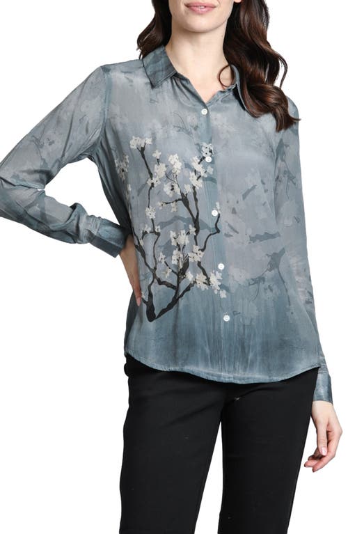 Apny Cherry Blossom Print Roll Tab Sleeve Chiffon Button-up Shirt In Grey Multi