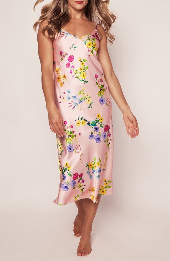 Shop Petite Plume Brilliant Botanical Mulberry Silk Nightgown In Pink