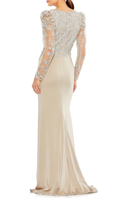 Shop Mac Duggal Embellished Long Sleeve Faux Wrap Gown In Taupe