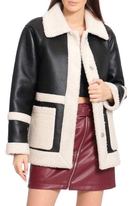 Shop Avec Les Filles Faux Leather Snap Coat With Faux Shearling Trim In Black/ Cream