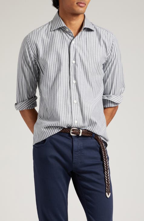 Pinstripe Cotton Blend Button-Up Shirt