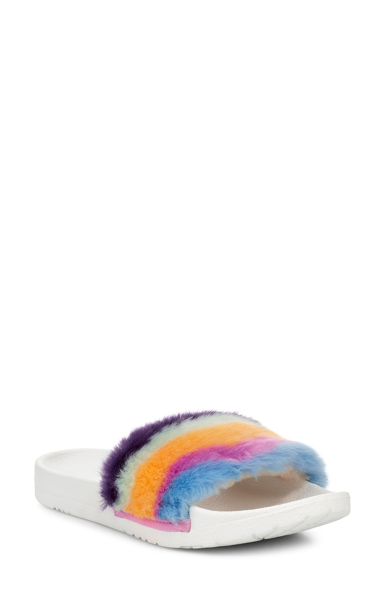 colorful ugg fur slides