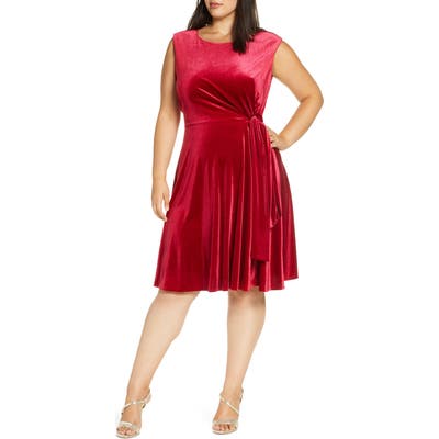 Plus Size Tahari Stretch Velvet Fit & Flare Dress, Red