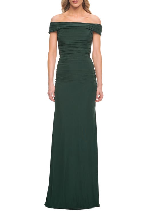 La Femme Ruched Off The Shoulder Net Jersey Evening Dress In Emerald