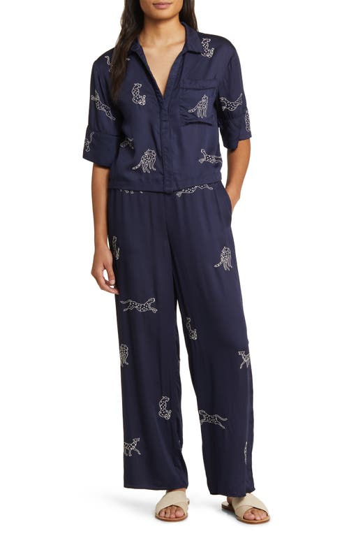 Animal Embroidered Sateen Pajamas in Navy