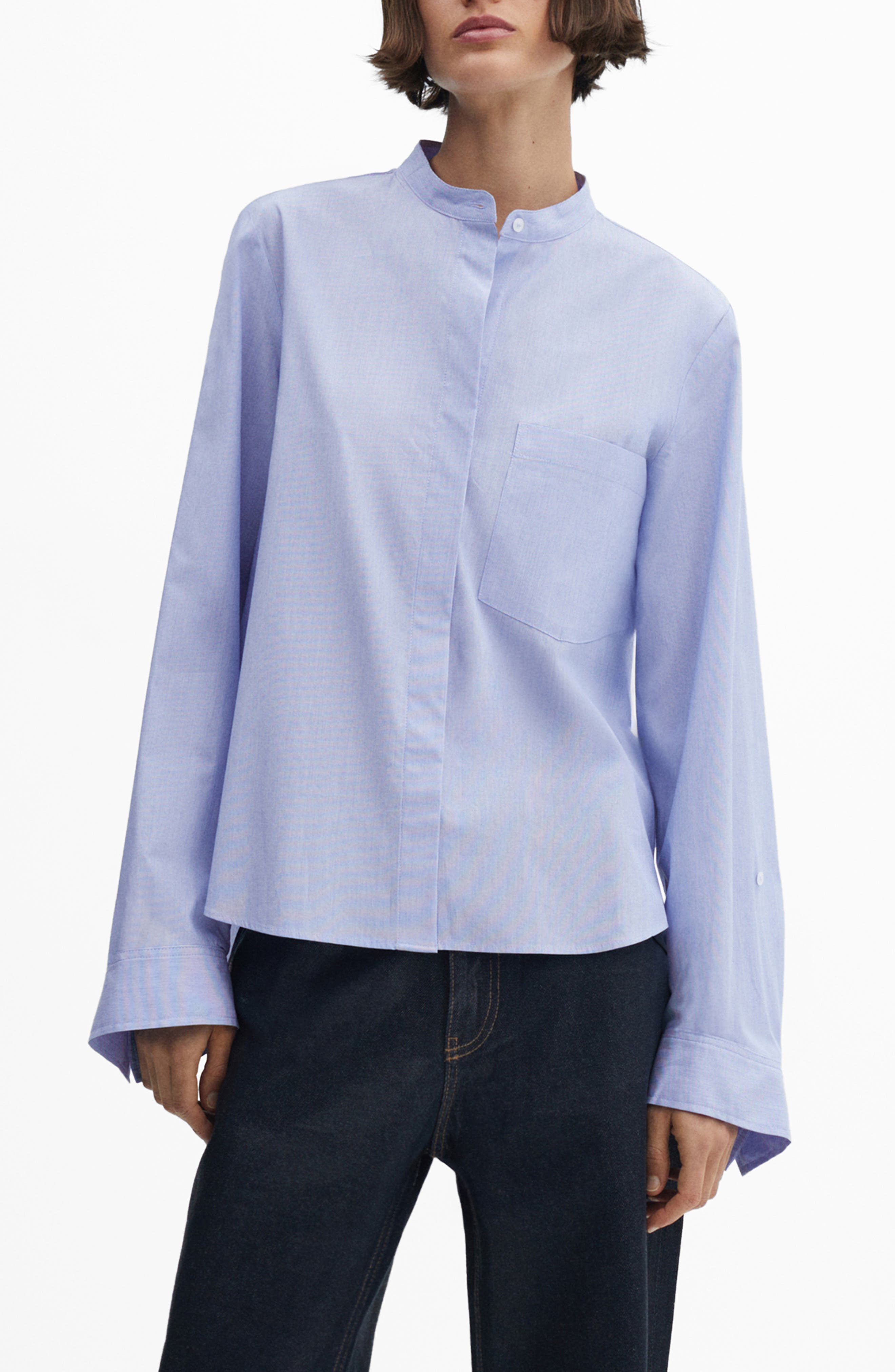 Nordstrom MANGO Band Collar Cotton Shirt Blue at Nordstrom, | The Summit