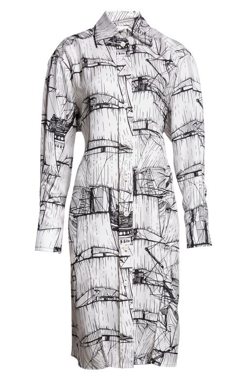 Shop Ferragamo Sailboat Print Long Sleeve Silk Shirtdress In White/nero