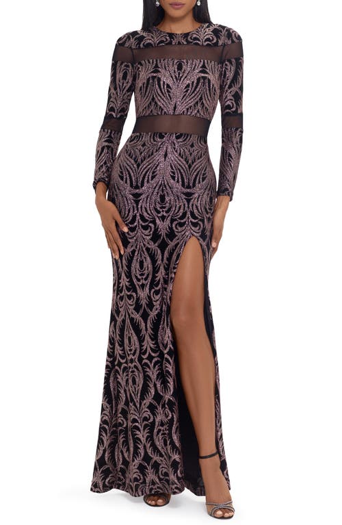 Betsy & Adam Sequin Tapestry Long Sleeve Sheath Gown in Black/Rose