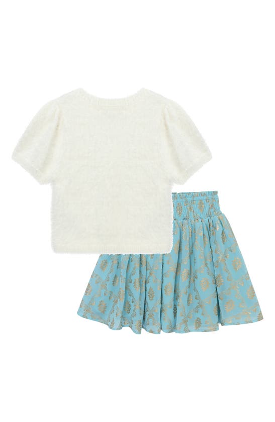 Peek Aren't You Curious Kids' Fuzzy Sweater & Metallic Print Skirt Set In Off-white