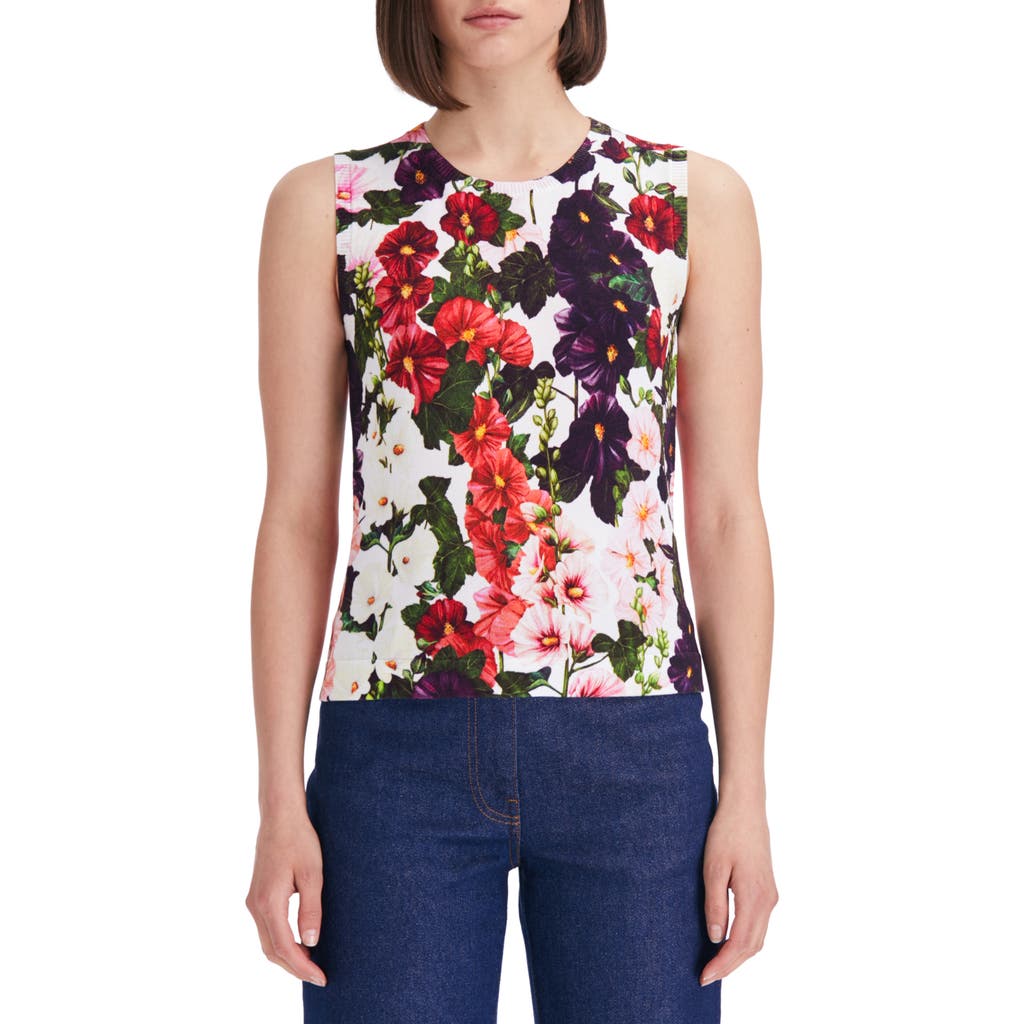 Oscar De La Renta Hollyhock Print Cotton Blend Sleeveless Sweater In Multi