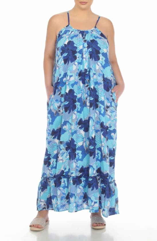 Shop Boho Me Scoop Neck Spaghetti Strap Floral Print Maxi Dress In Patch Blue