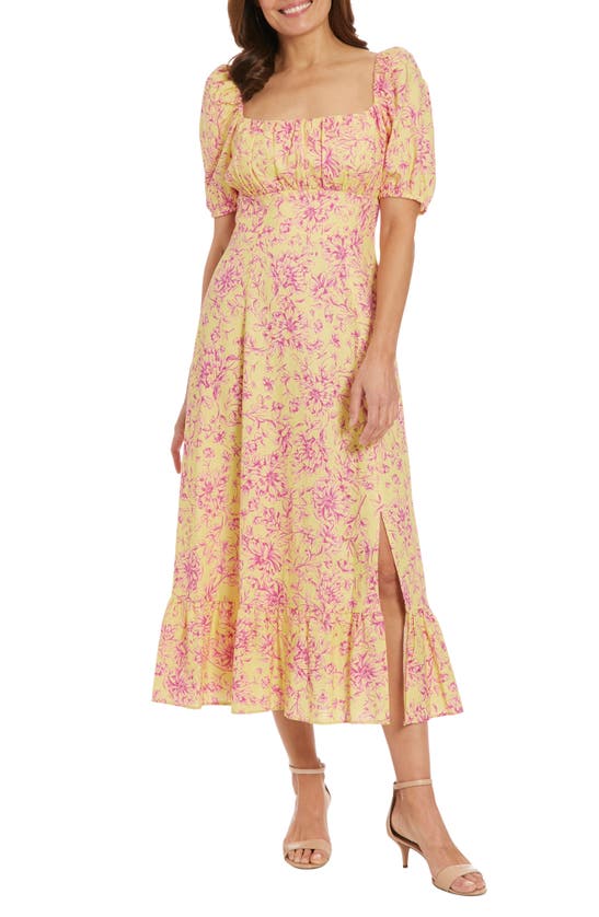 London Times Puff Sleeve Midi Dress In Yellow Pink