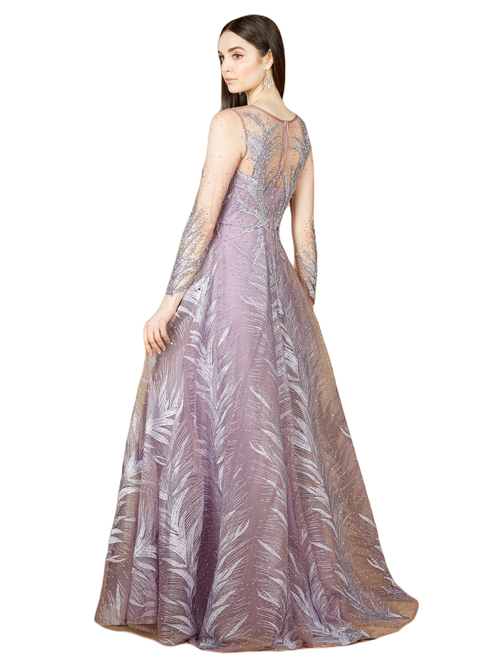 Lara New York High Neck Sheer Long Sleeve Embellished Gown In Mauve