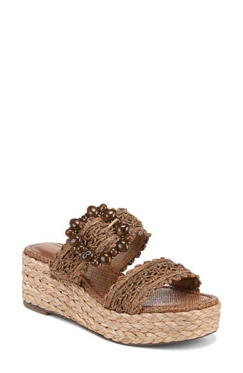 Sam Edelman Cadance Double Strap Raffia Wedge Platform Sandals In Cuoio