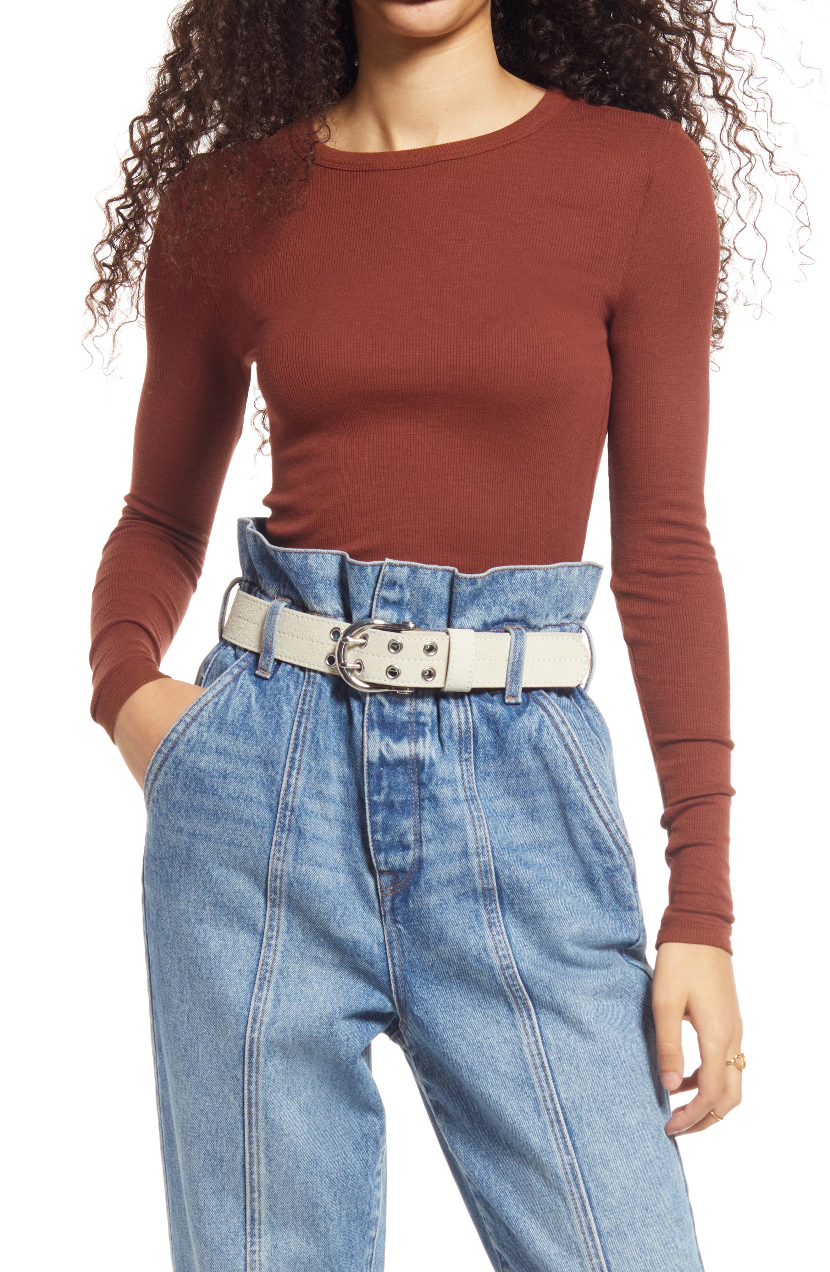 Bp. Ribbed Long Sleeve Tee In Rust 