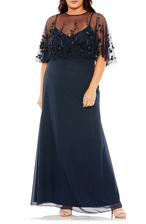 Beaded Mesh Overlay Gown in Midnight