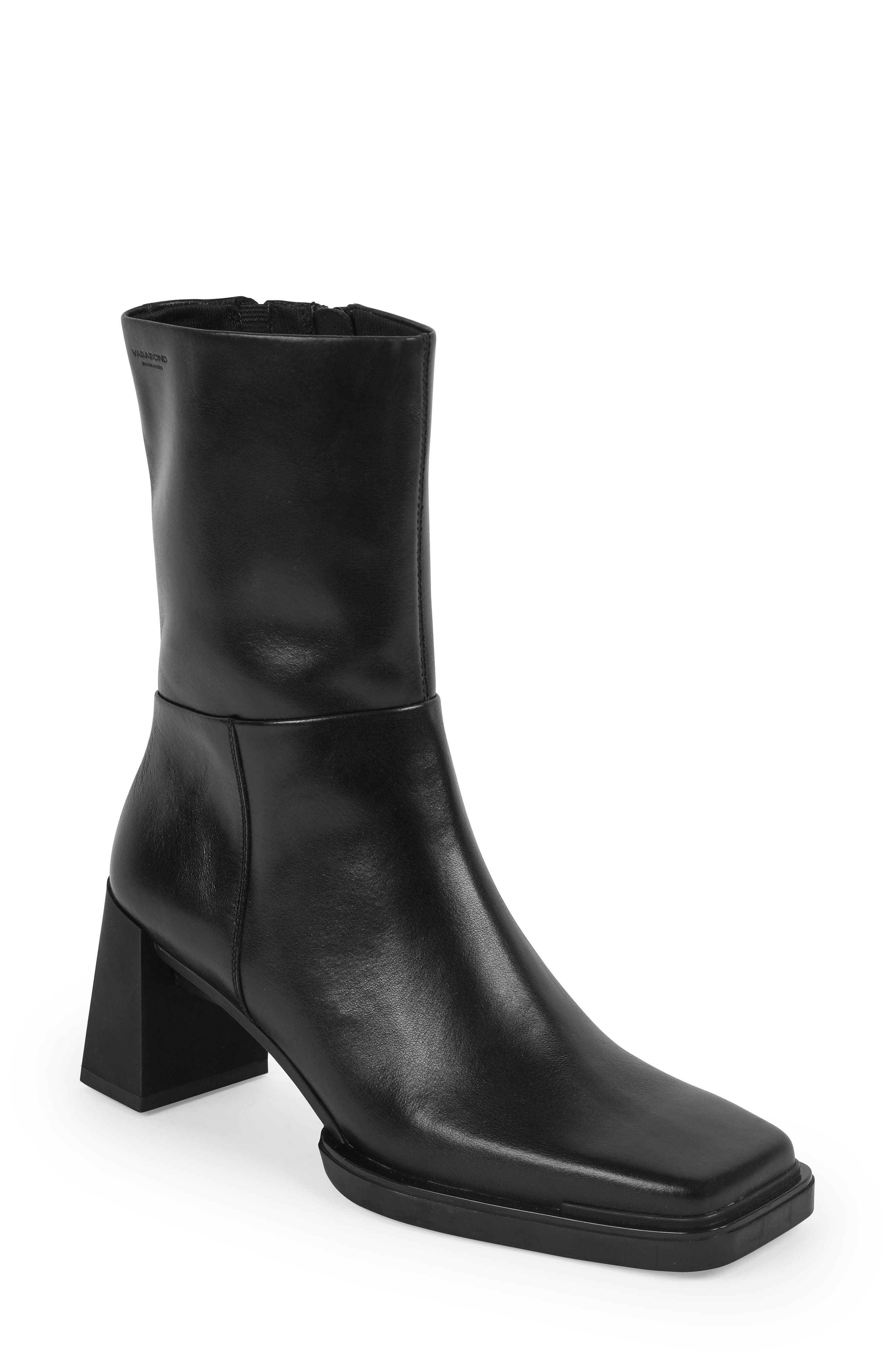 black leather booties square toe