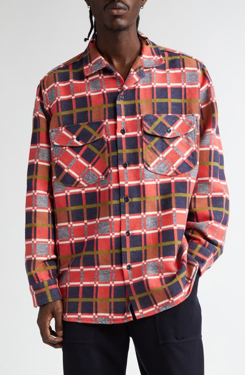 BEAMS Work Classic Fit Block Plaid Jacquard Button-Up Shirt in Red 35 