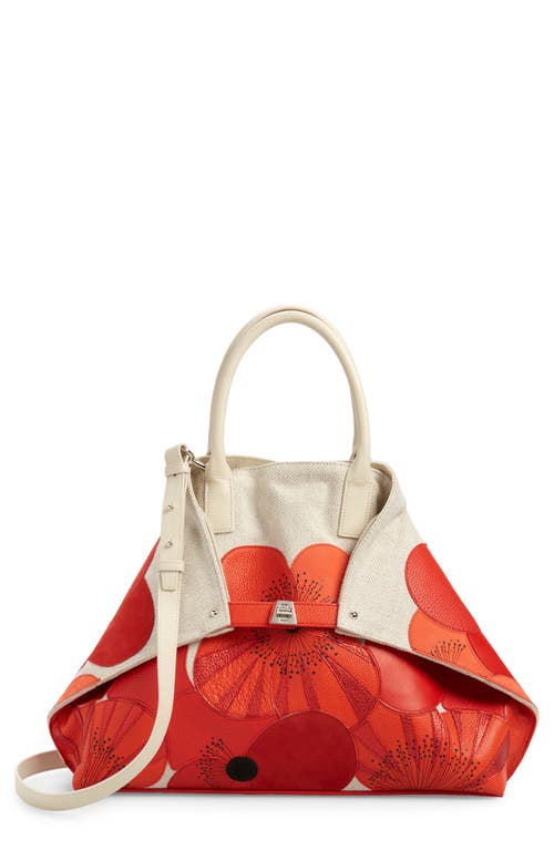 Medium AI Poppies Leather & Canvas Convertible Tote in Red/white