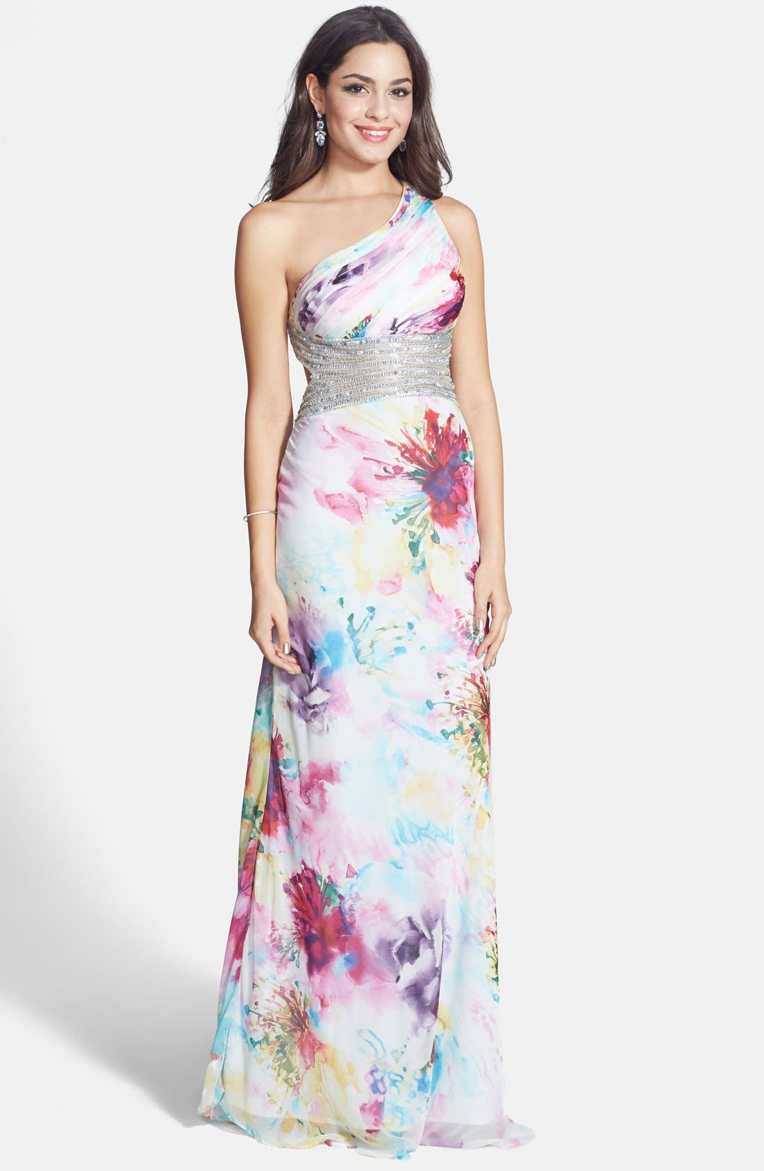 Betsy & Adam Embellished Floral Print One-Shoulder Gown | Nordstrom