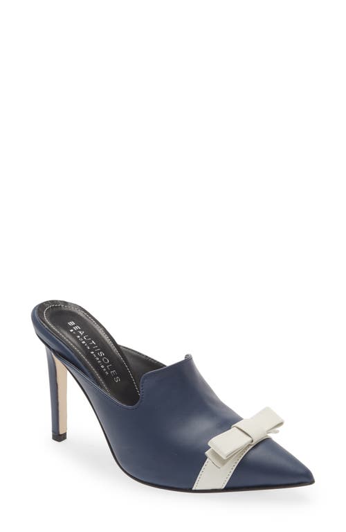 BEAUTIISOLES Lisa Pointed Toe Mule in Navy Leather Off White Bow