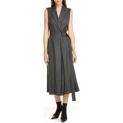 Jason Wu Pinstripe Suiting Wrap Midi Dress, Grey