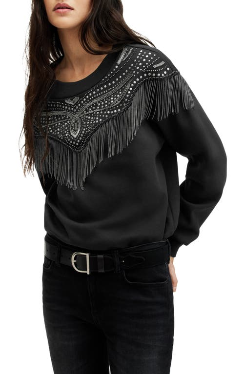 AllSaints Winona Jaine Embellished Fringe Sweatshirt Black at Nordstrom,