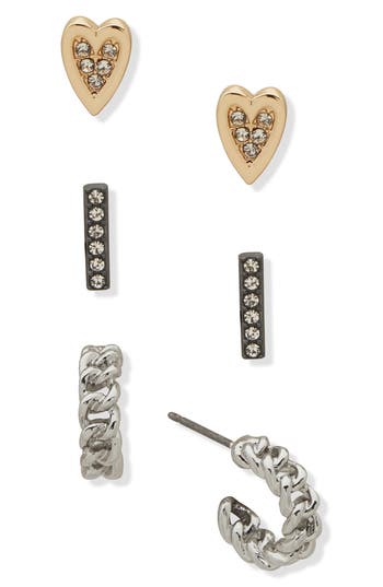 Shop Karl Lagerfeld 3-piece Crystal Stud & Huggie Hoop Earrings Set In Silver/gold/crystal