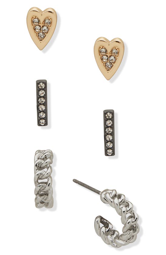 Shop Karl Lagerfeld 3-piece Crystal Stud & Huggie Hoop Earrings Set In Silver/ Gold/ Crystal