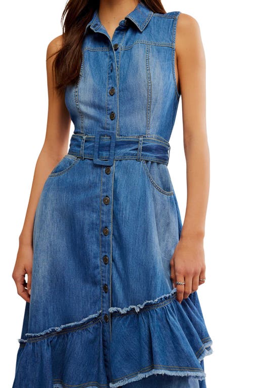 Shop Free People Beau Belted Asymmetric Hem Sleeveless Denim Shirtdress In Blue Grass