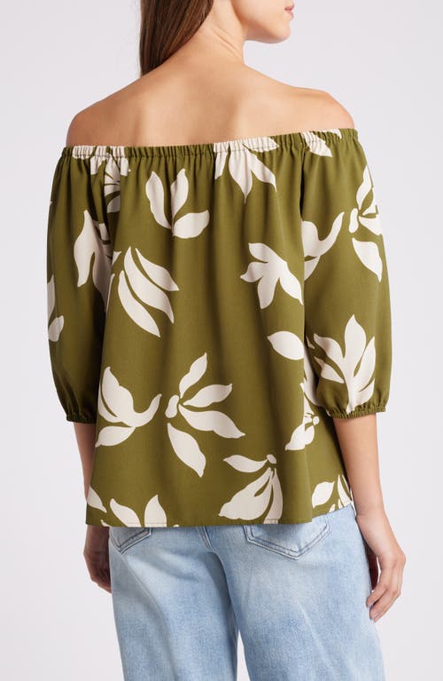 Shop Loveappella Floral Print Off The Shoulder Top In Olive Natural