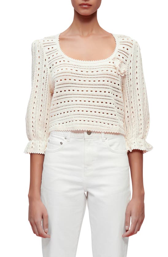 Maje Marcia Floral Appliqué Pointelle Sweater In Ivory
