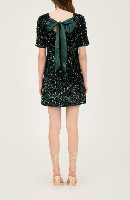 August Sky Back Bow Sequin Minidress In Hunter Green