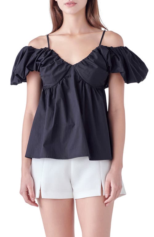 English Factory Puff Sleeve Cold Shoulder Top Black at Nordstrom,