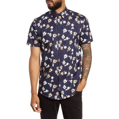 Calibrate Non-Iron Floral Print Short Sleeve Button-Up Shirt, Blue