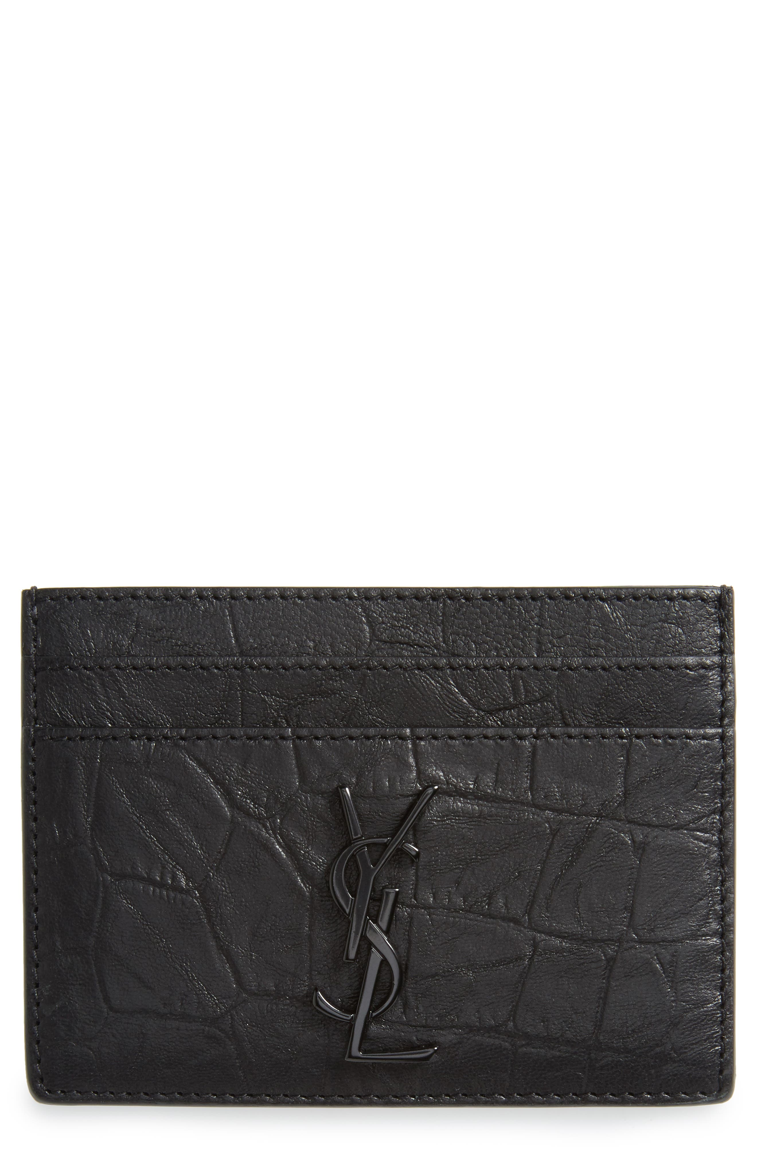 Saint Laurent Croc Embossed Calfskin Leather Card Case in Nero at Nordstrom
