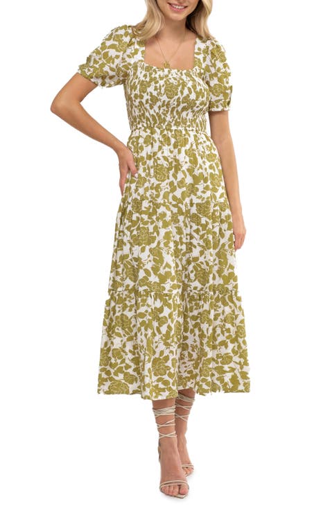 Loose Tiny Floral Print Dress - Knee Length / Long Sleeve / Gray Green