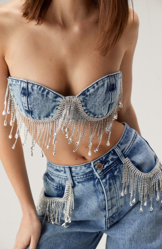 Shop Nasty Gal Embellished Fringe Strapless Denim Bra Top In Authentic Mid Wash