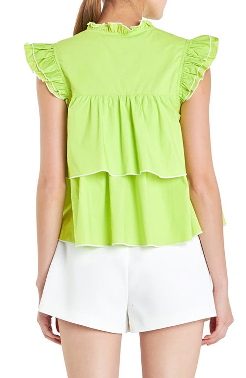 English Factory Ruffle Sleeve Tiered Cotton Top In Lime