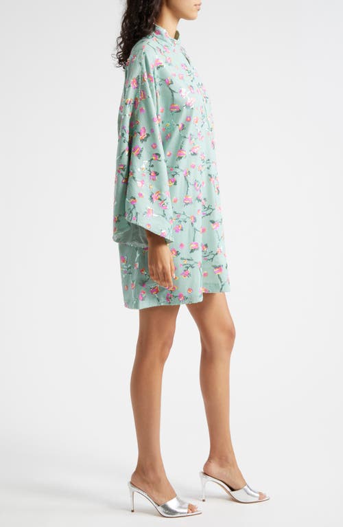 Shop La Vie Style House Floral Sequin Bell Sleeve Cover-up Dress In Mint Pink Multi