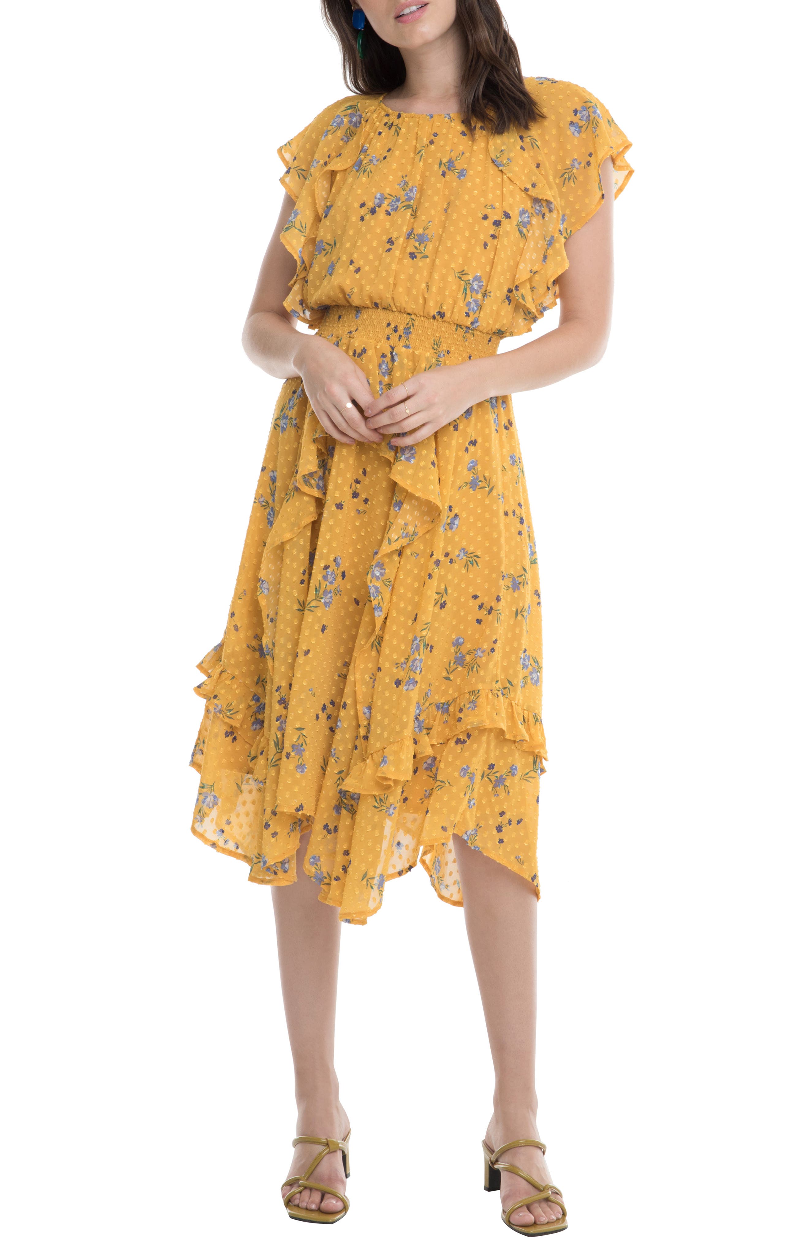 Astr The Label Sheila Clip Dot Floral Print Ruffle Dress, Yellow