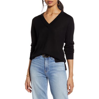 Halogen V-Neck Merino Wool Blend Sweater, Black