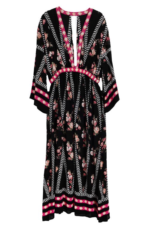 Saachi Floral Print Plunge Neck Cover-up Kaftan In Black Combo