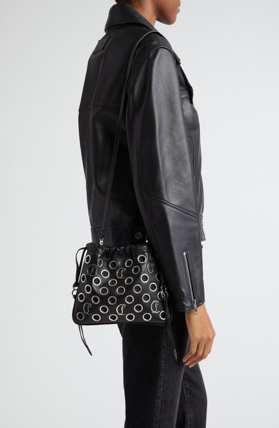 Shop Christian Louboutin Mini Mouchara Grommets Leather Crossbody Bag In Black/ Silver