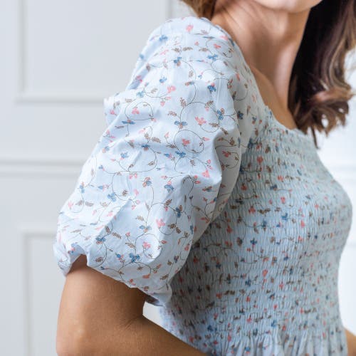 Shop Hope & Henry Organic Smocked Bubble Sleeve Dress In Pale Blue Vintage Floral