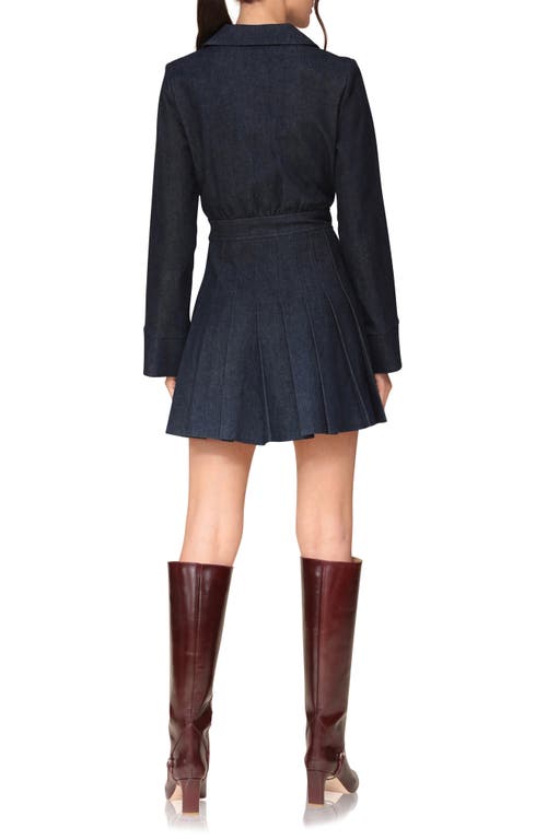 Shop Avec Les Filles Pleated Long Sleeve Denim Minidress In Ink Blue Wash